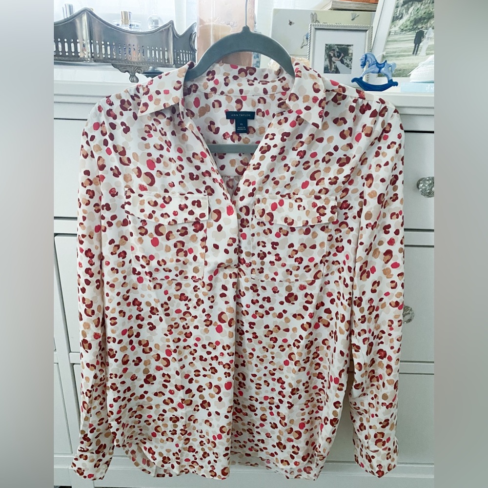 NWOT Red and Ivory Animal Print Blouse- Silk Feel